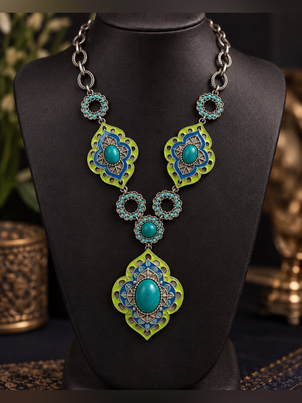Boho Turquoise Green Enamel Statement Necklace • Adjustable Festival Jewelry